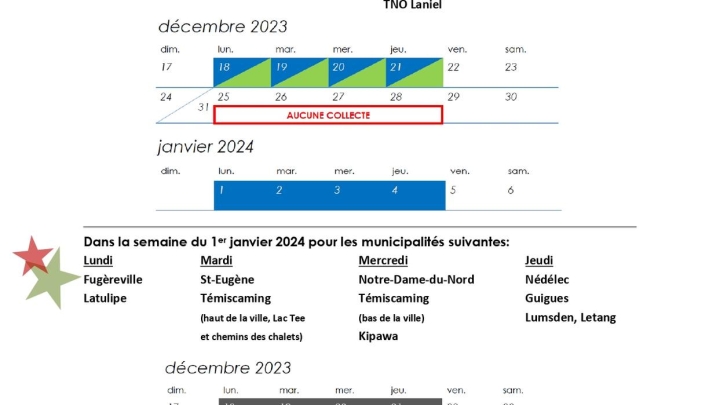 AVIS À LA POPULATION | HORAIRE DE COLLECTE PENDANT LE TEMPS DES FÊTES