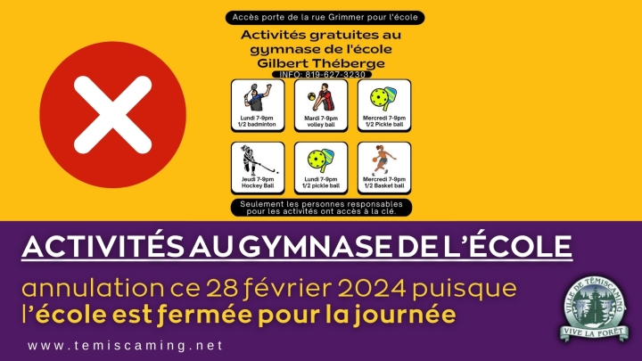 ANNULATION | ACTIVITÉS AU GYMNASE DE L'ÉCOLE