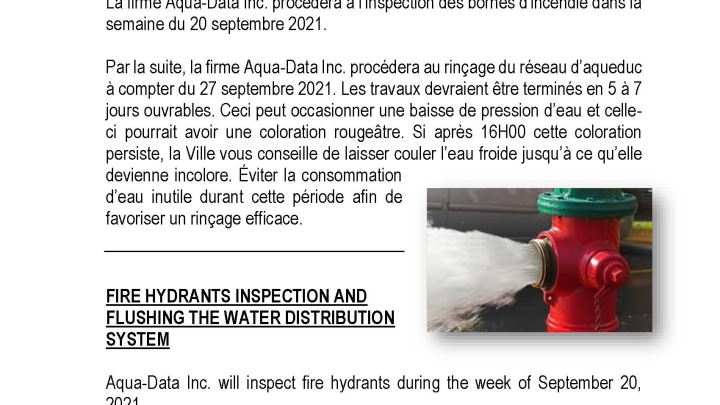 Inspection des bornes d'incendie et rinçage du réseau d'aqueduc