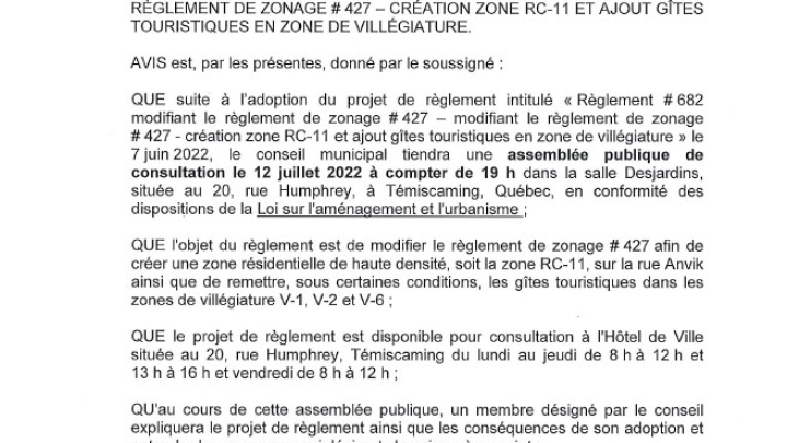 AVIS PUBLIC - ASSEMBLÉE PUBLIQUE DE CONSULTATION