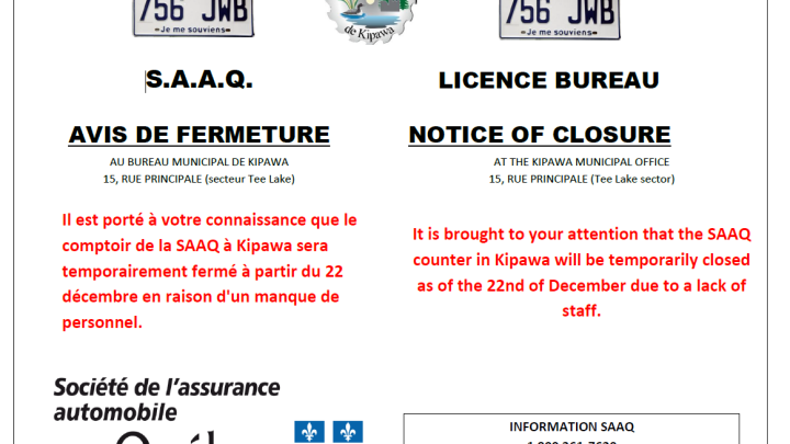 AVIS DE FERMETURE | S.A.A.Q
