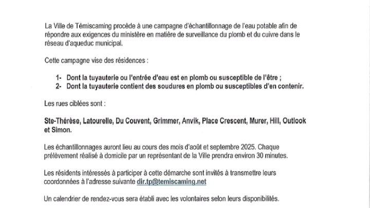 ÉCHANTILLONNGAGE DE L'EAU POTABLE - PLOMB ET CUIVRE