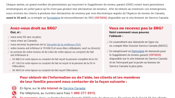 Renouvellement du Supplément de revenu garanti