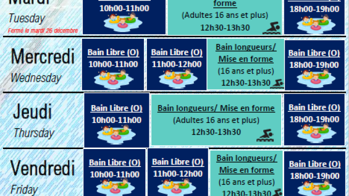 PISCINE | HORAIRE DES FÊTES
