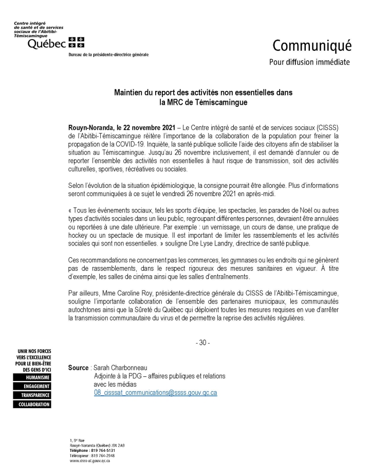 Maintient du report des activités non essentielles dans la MRC de Témiscamingue