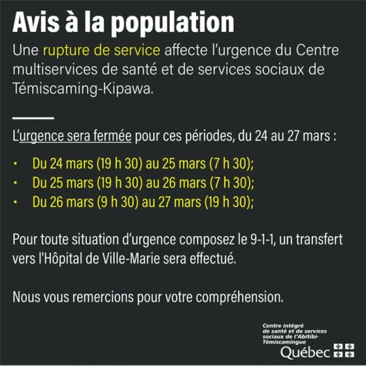 Avis à la population de la MRC de Témiscamingue