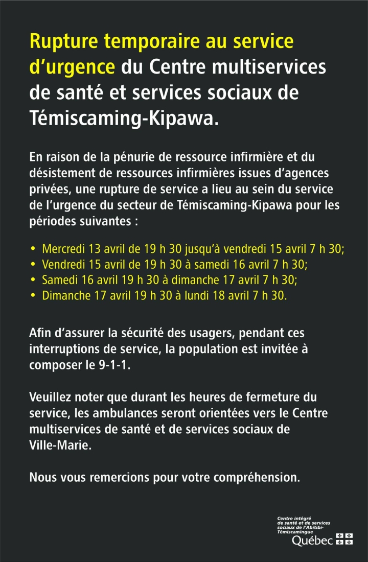 Temporary interruption of the CSSSTK emergency service