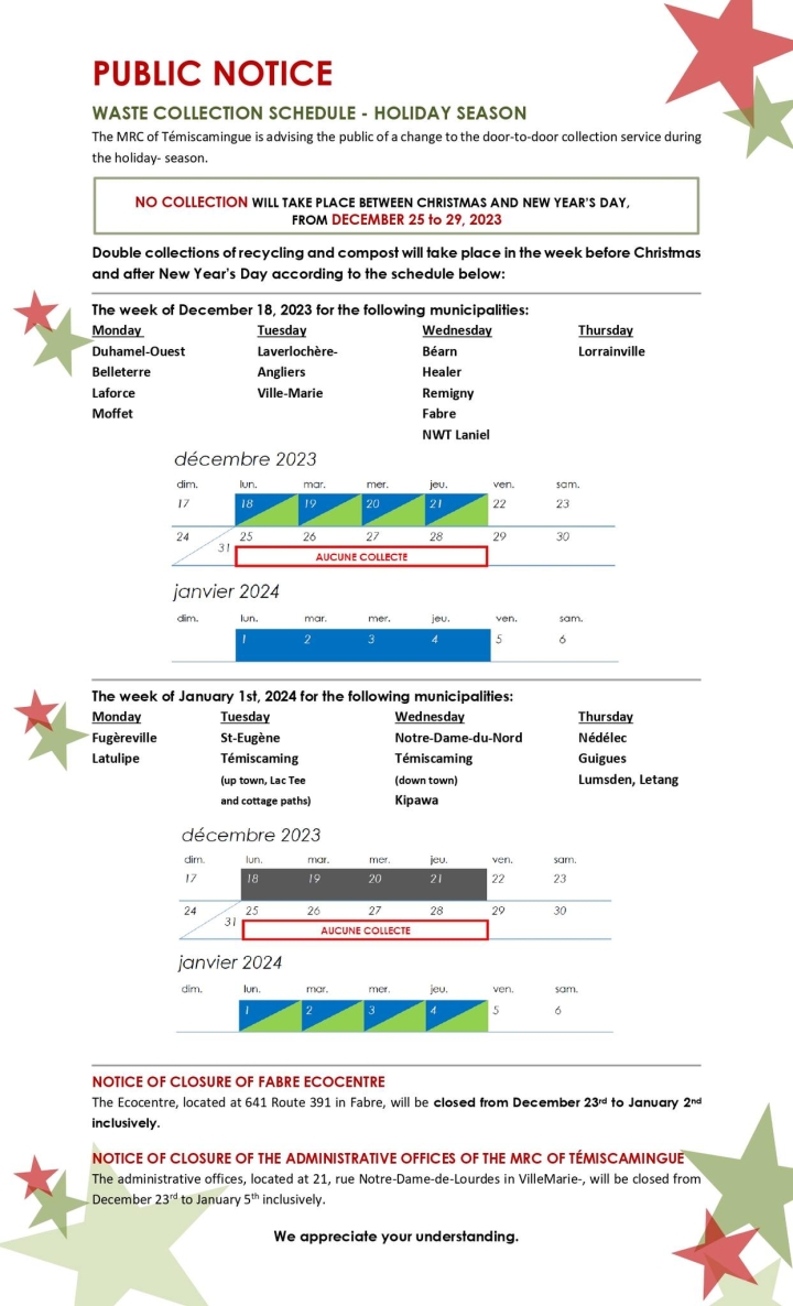 PUBLIC NOTICE | WASTE COLLECTION SCHEDULE FOR THE HOLIDAYS