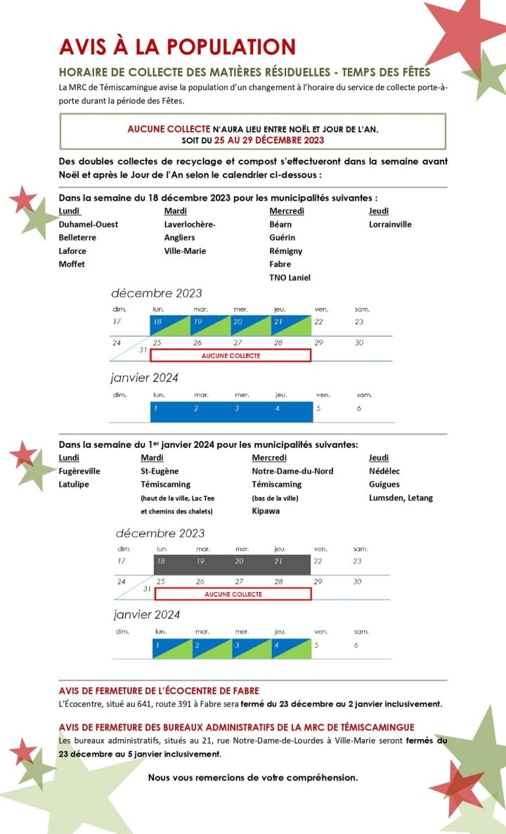AVIS À LA POPULATION | HORAIRE DE COLLECTE PENDANT LE TEMPS DES FÊTES