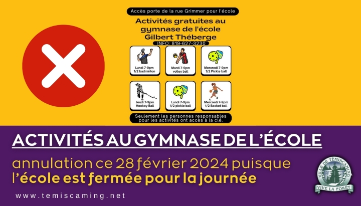 ANNULATION | ACTIVITÉS AU GYMNASE DE L'ÉCOLE