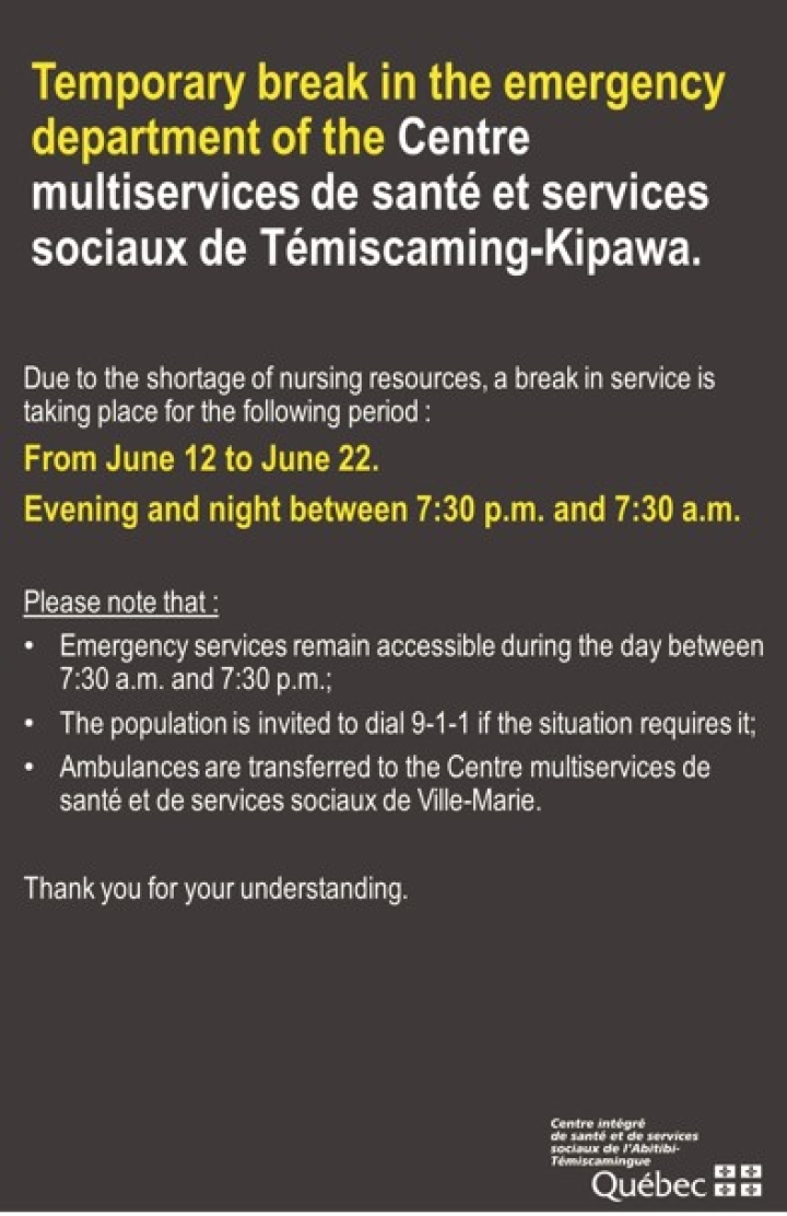 Temporary interruption of the CSSSTK emergency department