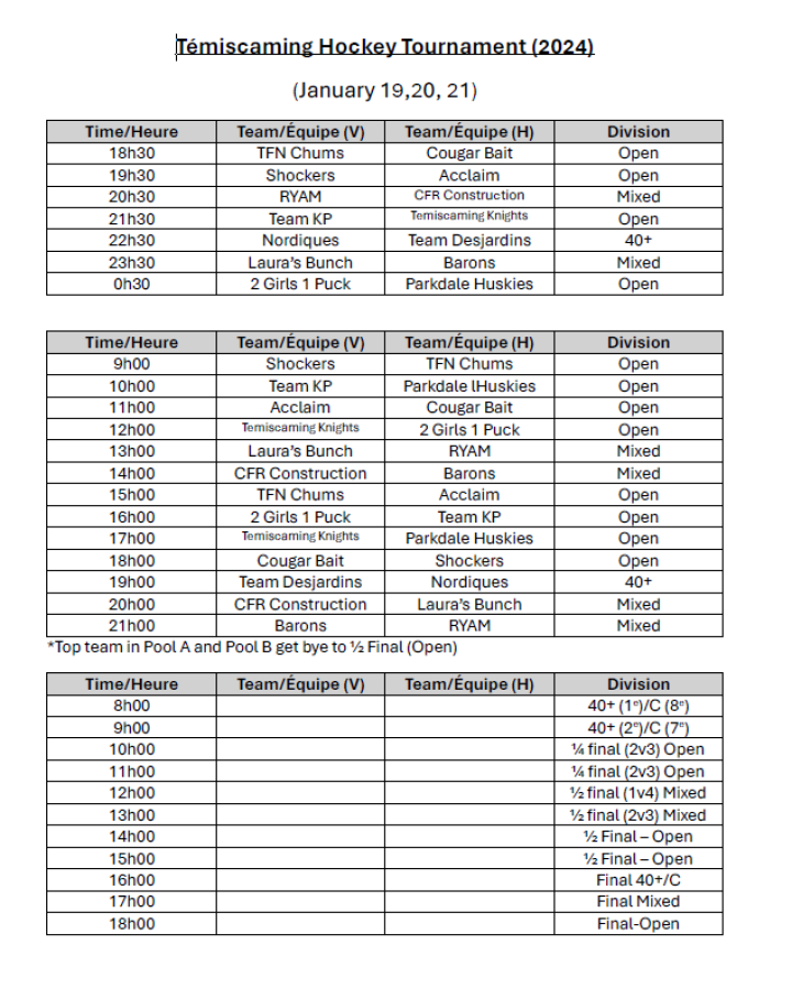 SCHEDULE : MEN'S TOURNAMENT | JANUARY 19, 20 AND 21, 2024