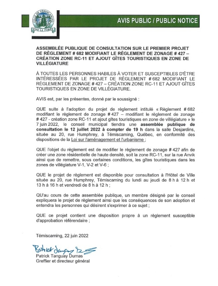 AVIS PUBLIC - ASSEMBLÉE PUBLIQUE DE CONSULTATION
