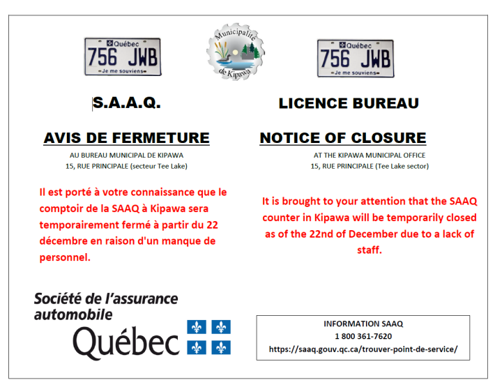 AVIS DE FERMETURE | S.A.A.Q