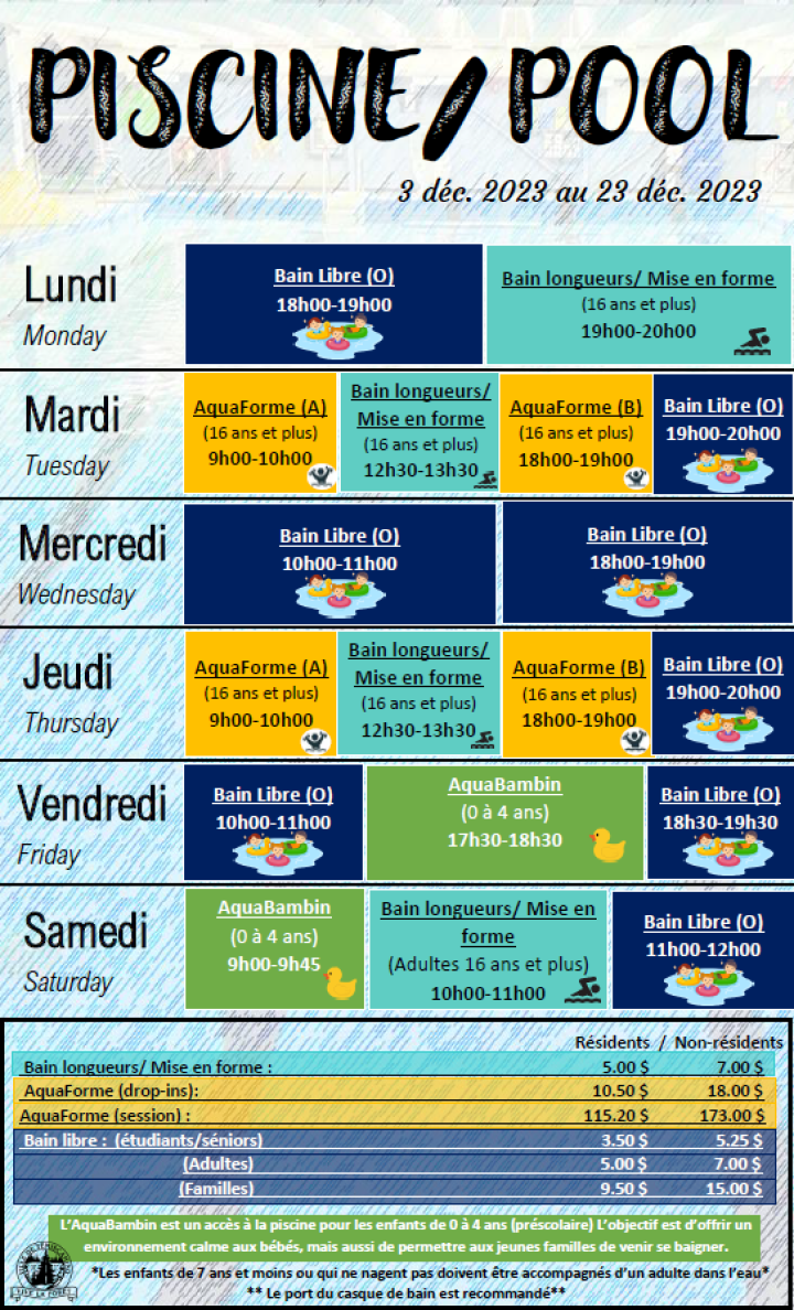 HORAIRE DE PISCINE | DÈS LE 3 DÉCEMBRE 2023