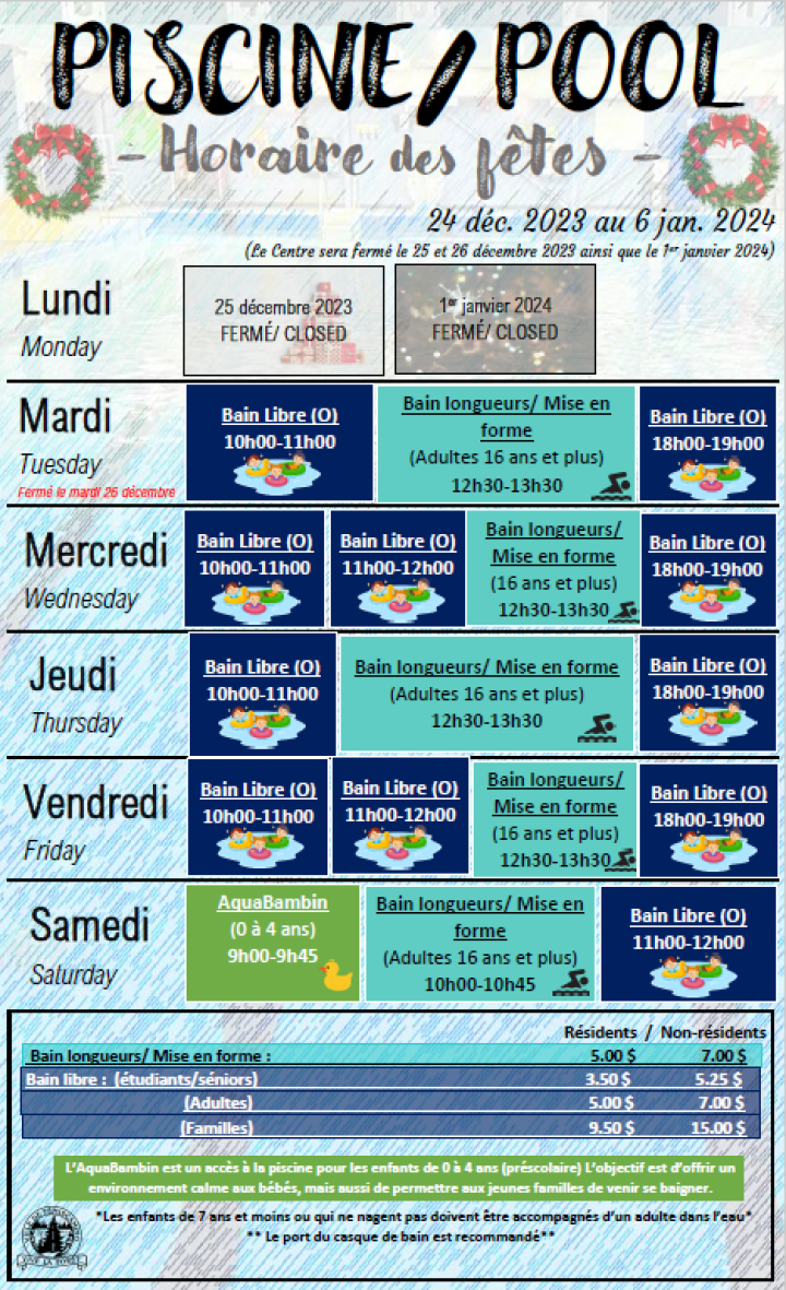 PISCINE | HORAIRE DES FÊTES