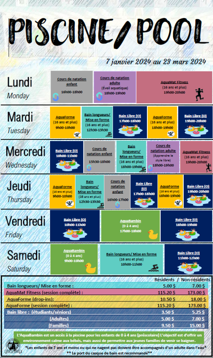 HORAIRE PISCINE | DÈS LE 7 JANVIER 2024