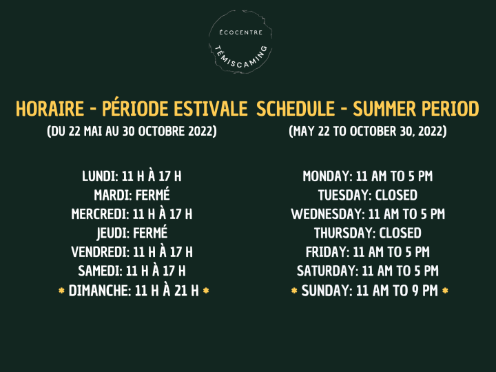 ECOCENTER - SUMMER SCHEDULE