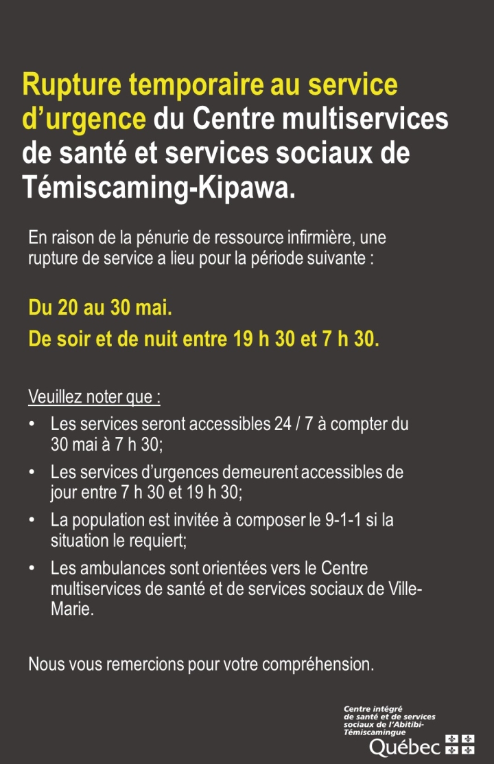 Rupture temporaire du service d'urgence CSSSTK
